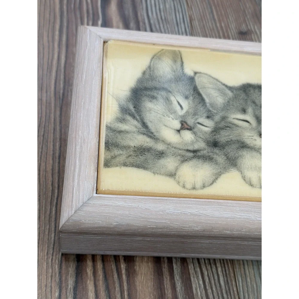 Vtg Wooden Jewelry Box with Tile Top Sleeping KittensVirginia Mille 6 1/2 L 2